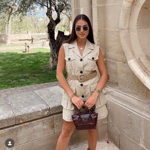 Zara Beige Sleeveless Utility Vest Dress with Belt
